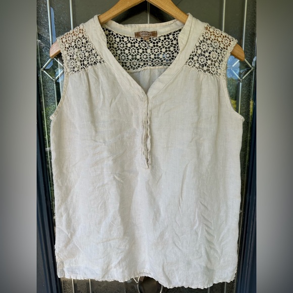 Carla Conti Medium 100% Linen Sleeveless Tank Crochet Detail Cream beige - Picture 1 of 6